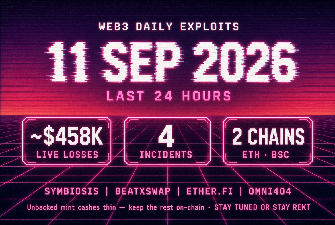 Web3 Daily Exploits — 11 Sep 2026: Symbiosis ~$336k WBTC Dump + Three Small Drains