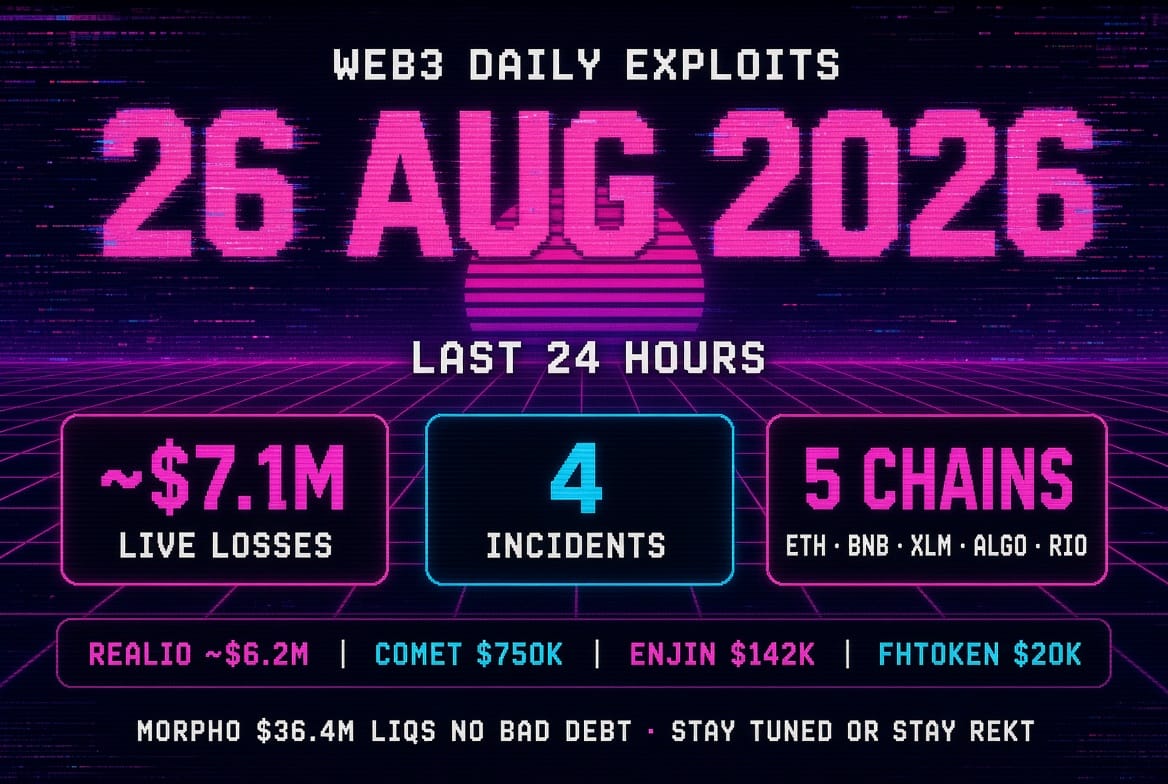 Web3 Daily Exploits β 26 Aug 2026: Realio webapp signing-key, ENJ DELEGATECALL, Comet AMM, ...