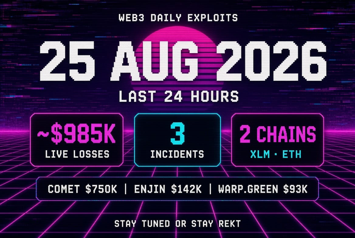 Web3 Daily Exploits β 25 Aug 2026: Comet AMM $750K Drain on Stellar & Enjin $142K ERC-1155 Bypass